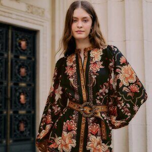 FARM Rio Black Majestic Garden Beaded Buckle Long Sleeve Mini Dress